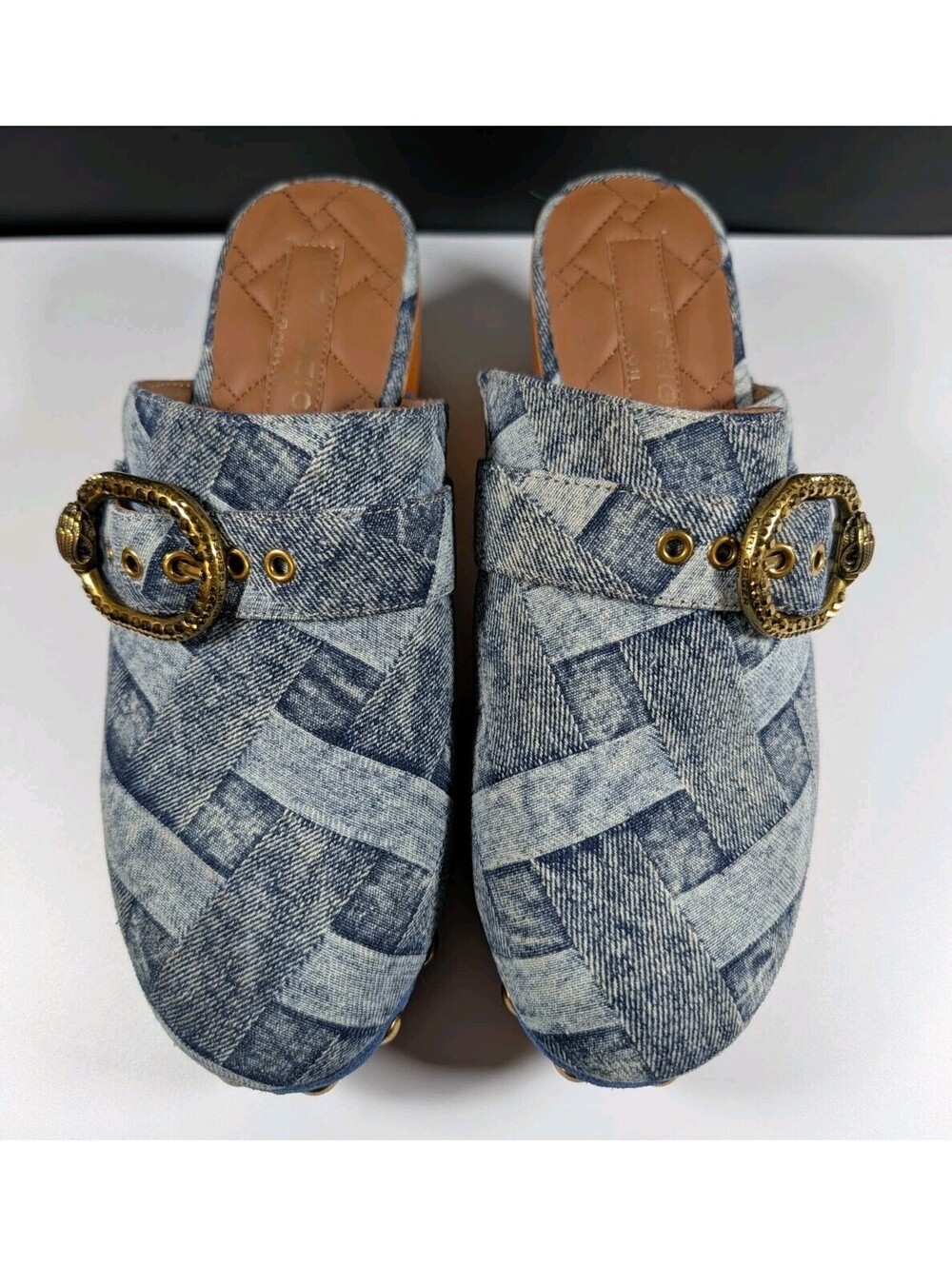 Kurt Geiger Womens 9 Blue Denim Mayfair Clogs Platform Mule Buckle Studded Shoes